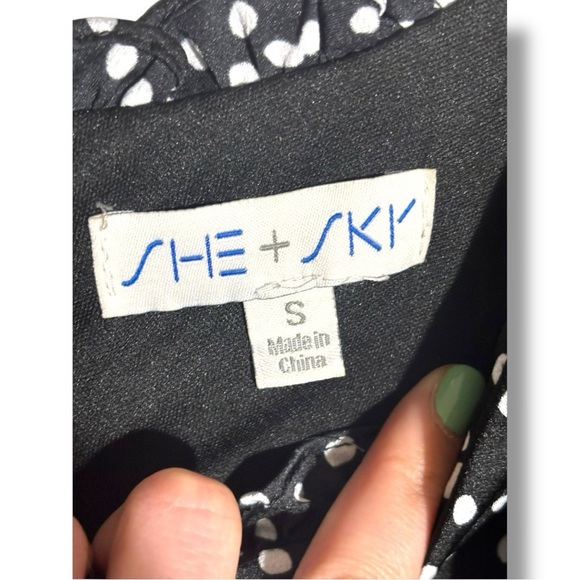 She + Sky Black and White Polka Dot Ruffled Front Tie Long Sleeve Mini Dress - Picture 12 of 16